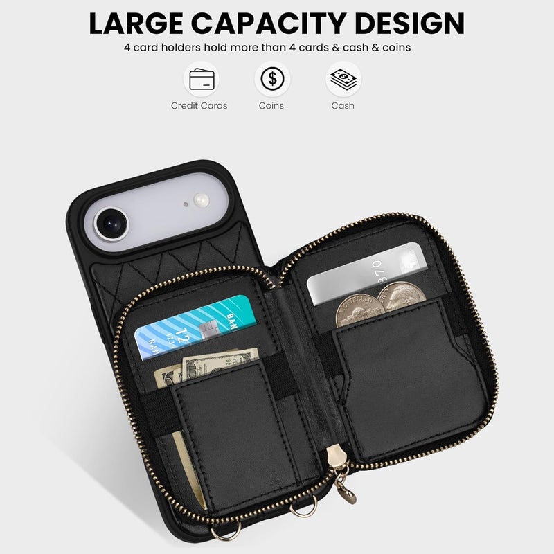 Keallce Case for iPhone Air 6.5'' Wallet Case, Crossbody Zipper Purse with Wrist Strap Lanyard Handbag, RFID Blocking Card Holders, Kickstand Flip Leather Cover for iPhone 17 Air, Black - Image 2